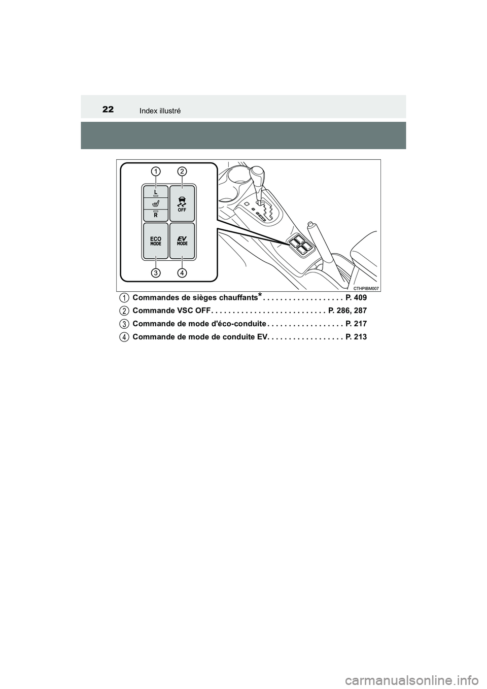 TOYOTA PRIUS C 2016  Manuel du propriétaire (in French) 22Index illustré
PRIUS c_D (OM52F96D)Commandes de sièges chauffants
*. . . . . . . . . . . . . . . . . . .  P. 409
Commande VSC OFF. . . . . . . . . . . . . . . . . . . . . . . . . . .  P. 286, 287
