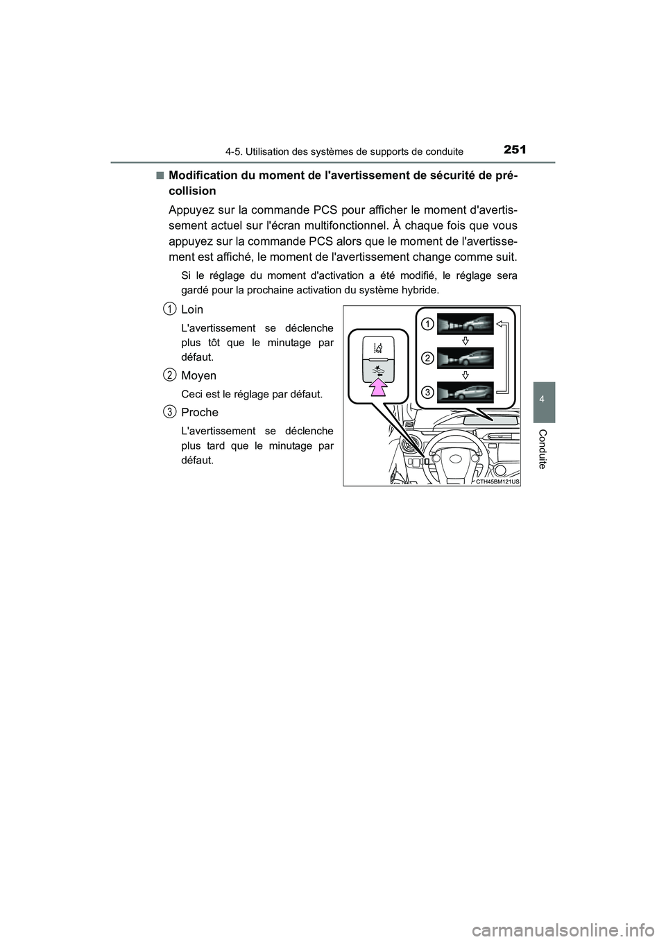 TOYOTA PRIUS C 2016 Manuel du propriétaire (in French) 2514-5. Utilisation des systèmes de supports de conduite
4
Conduite
PRIUS c_D (OM52F96D)■
Modification du moment de lavertissement de sécurité de pré-
collision
Appuyez sur la commande PCS pour TOYOTA PRIUS C 2016 Manuel du propriétaire (in French) 2514-5. Utilisation des systèmes de supports de conduite
4
Conduite
PRIUS c_D (OM52F96D)■
Modification du moment de lavertissement de sécurité de pré-
collision
Appuyez sur la commande PCS pour