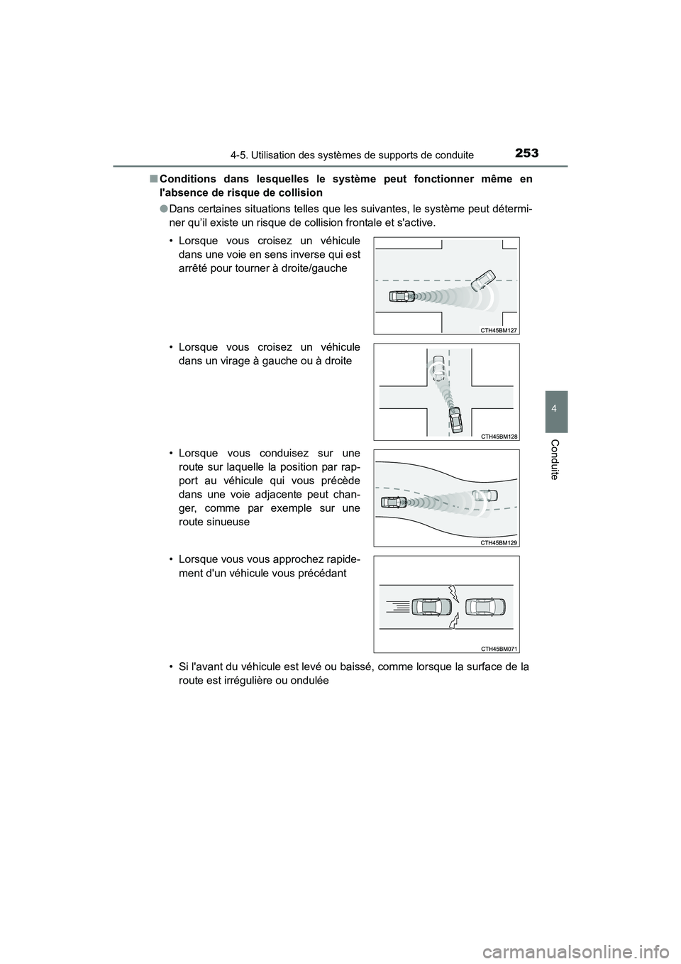TOYOTA PRIUS C 2016 Manuel du propriétaire (in French) 2534-5. Utilisation des systèmes de supports de conduite
4
Conduite
PRIUS c_D (OM52F96D)■
Conditions dans lesquelles le système peut fonctionner même en
labsence de risque de collision
●Dans c TOYOTA PRIUS C 2016 Manuel du propriétaire (in French) 2534-5. Utilisation des systèmes de supports de conduite
4
Conduite
PRIUS c_D (OM52F96D)■
Conditions dans lesquelles le système peut fonctionner même en
labsence de risque de collision
●Dans c