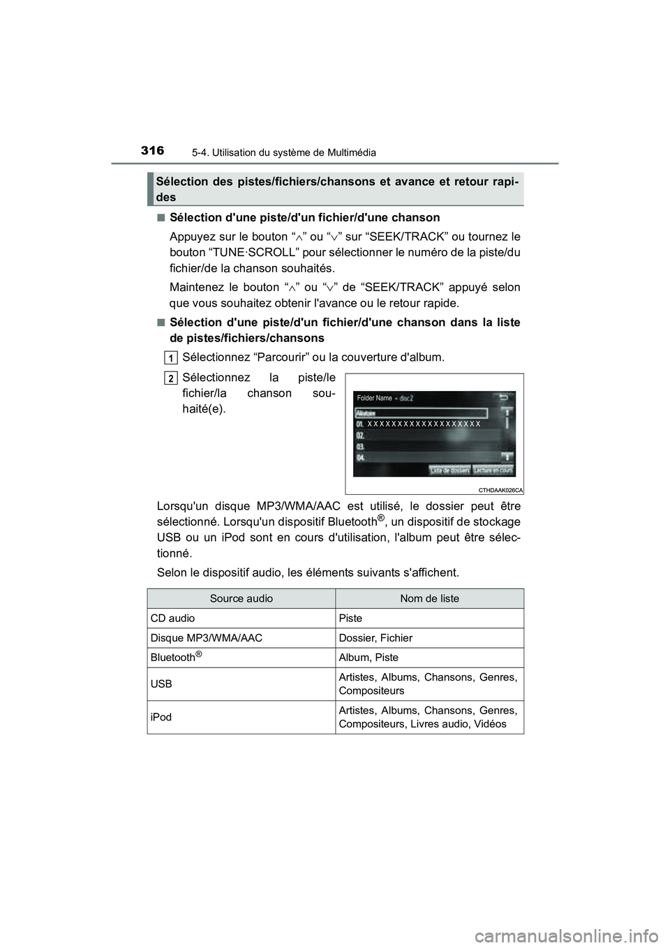 TOYOTA PRIUS C 2016 Manuel du propriétaire (in French) 3165-4. Utilisation du système de Multimédia
PRIUS c_D (OM52F96D)■
Sélection dune piste/dun fichier/dune chanson
Appuyez sur le bouton “
∧” ou “ ∨” sur “SEEK/TRACK” ou tournez TOYOTA PRIUS C 2016 Manuel du propriétaire (in French) 3165-4. Utilisation du système de Multimédia
PRIUS c_D (OM52F96D)■
Sélection dune piste/dun fichier/dune chanson
Appuyez sur le bouton “
∧” ou “ ∨” sur “SEEK/TRACK” ou tournez