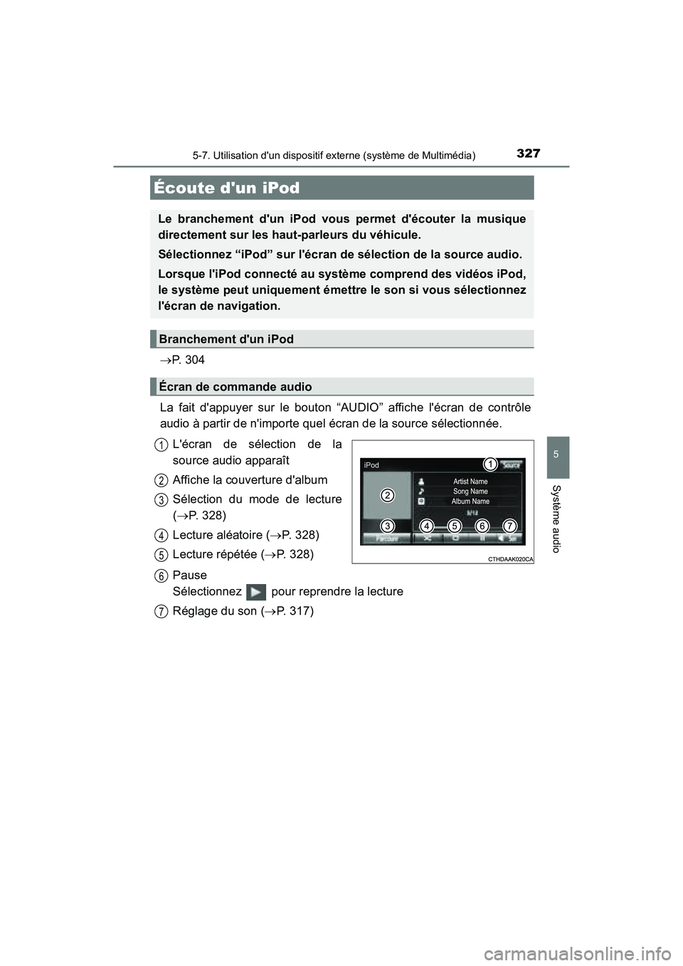 TOYOTA PRIUS C 2016 Manuel du propriétaire (in French) 327
5
Système audio
PRIUS c_D (OM52F96D)
5-7. Utilisation dun dispositif externe (système de Multimédia)
→P. 3 0 4
La fait dappuyer sur le bouton “AUDIO” affiche lécran de contrôle
audi TOYOTA PRIUS C 2016 Manuel du propriétaire (in French) 327
5
Système audio
PRIUS c_D (OM52F96D)
5-7. Utilisation dun dispositif externe (système de Multimédia)
→P. 3 0 4
La fait dappuyer sur le bouton “AUDIO” affiche lécran de contrôle
audi