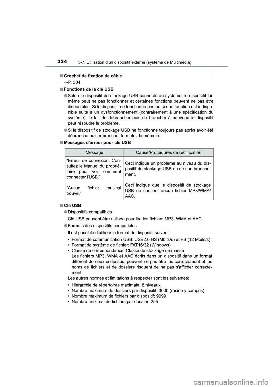 TOYOTA PRIUS C 2016 Manuel du propriétaire (in French) 3345-7. Utilisation dun dispositif externe (système de Multimédia)
PRIUS c_D (OM52F96D)
■Crochet de fixation de câble
→ P. 304
■ Fonctions de la clé USB
●Selon le dispositif de stockage U TOYOTA PRIUS C 2016 Manuel du propriétaire (in French) 3345-7. Utilisation dun dispositif externe (système de Multimédia)
PRIUS c_D (OM52F96D)
■Crochet de fixation de câble
→ P. 304
■ Fonctions de la clé USB
●Selon le dispositif de stockage U