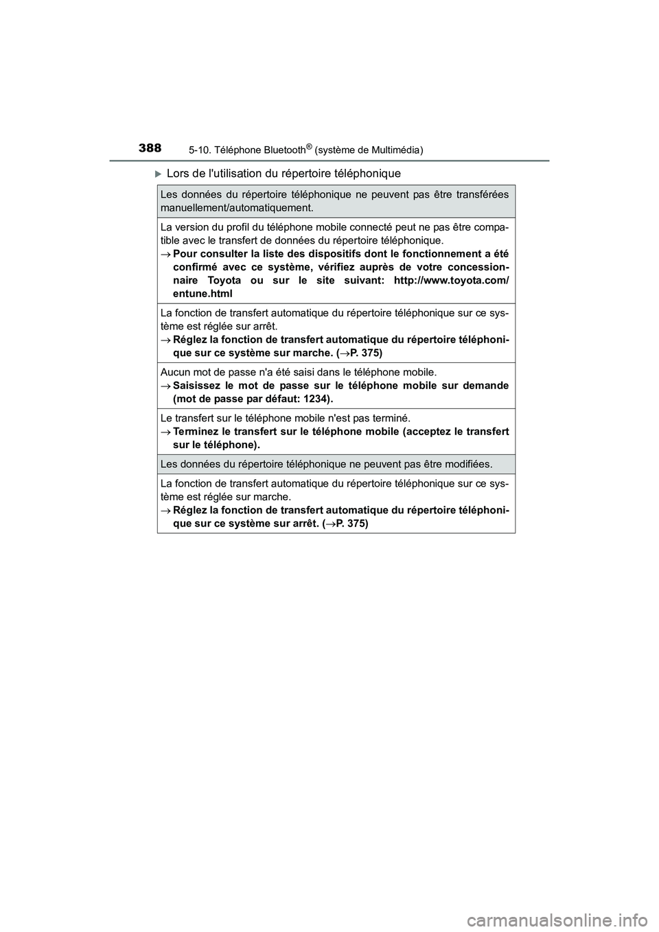 TOYOTA PRIUS C 2016  Manuel du propriétaire (in French) 3885-10. Téléphone Bluetooth® (système de Multimédia)
PRIUS c_D (OM52F96D)
�XLors de lutilisation du répertoire téléphonique
Les données du répertoire téléphonique ne peuvent pas être tr