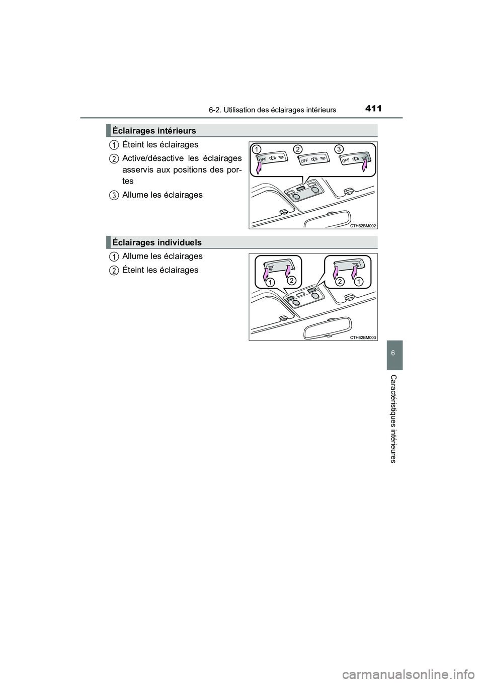 TOYOTA PRIUS C 2016  Manuel du propriétaire (in French) 4116-2. Utilisation des éclairages intérieurs
6
Caractéristiques intérieures
PRIUS c_D (OM52F96D)
Éteint les éclairages
Active/désactive les éclairages
asservis aux positions des por-
tes
Allu