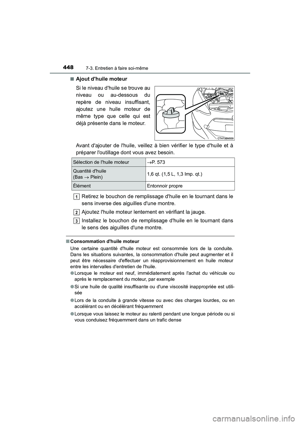 TOYOTA PRIUS C 2016 Manuel du propriétaire (in French) 4487-3. Entretien à faire soi-même
PRIUS c_D (OM52F96D)■
Ajout dhuile moteur
Si le niveau dhuile se trouve au
niveau ou au-dessous du
repère de niveau insuffisant,
ajoutez une huile moteur de
m TOYOTA PRIUS C 2016 Manuel du propriétaire (in French) 4487-3. Entretien à faire soi-même
PRIUS c_D (OM52F96D)■
Ajout dhuile moteur
Si le niveau dhuile se trouve au
niveau ou au-dessous du
repère de niveau insuffisant,
ajoutez une huile moteur de
m