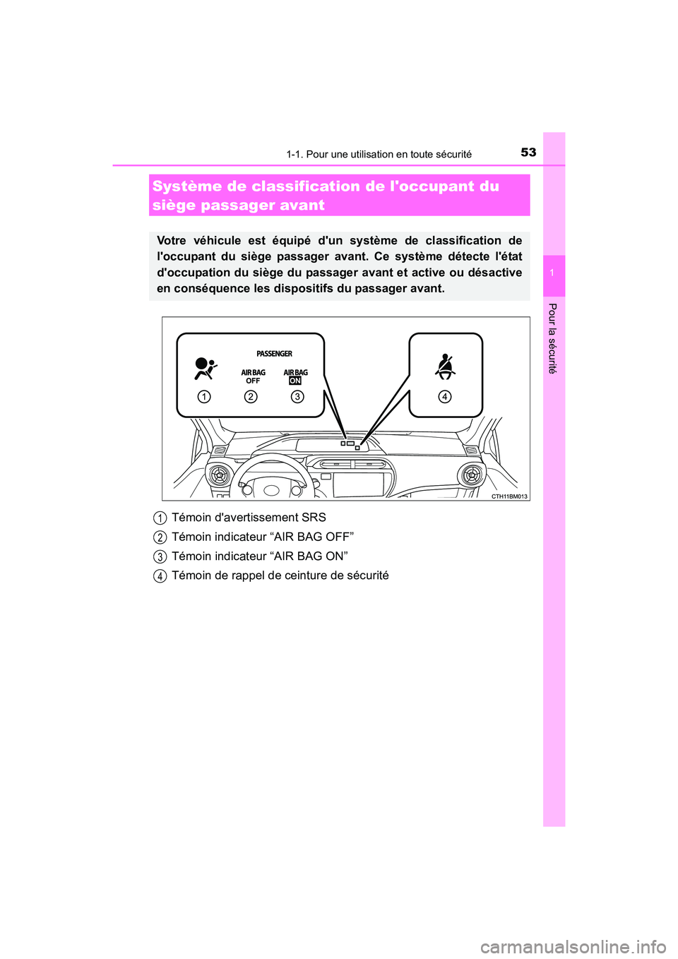 TOYOTA PRIUS C 2016 Manuel du propriétaire (in French) 531-1. Pour une utilisation en toute sécurité
1
Pour la sécurité
PRIUS c_D (OM52F96D)
Témoin davertissement SRS
Témoin indicateur “AIR BAG OFF”
Témoin indicateur “AIR BAG ON”
Témoin d TOYOTA PRIUS C 2016 Manuel du propriétaire (in French) 531-1. Pour une utilisation en toute sécurité
1
Pour la sécurité
PRIUS c_D (OM52F96D)
Témoin davertissement SRS
Témoin indicateur “AIR BAG OFF”
Témoin indicateur “AIR BAG ON”
Témoin d