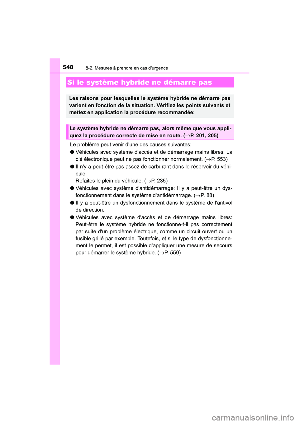TOYOTA PRIUS C 2016 Manuel du propriétaire (in French) 5488-2. Mesures à prendre en cas durgence
PRIUS c_D (OM52F96D)
Le problème peut venir dune des causes suivantes:
●Véhicules avec système daccès et de démarrage mains libres: La
clé électr TOYOTA PRIUS C 2016 Manuel du propriétaire (in French) 5488-2. Mesures à prendre en cas durgence
PRIUS c_D (OM52F96D)
Le problème peut venir dune des causes suivantes:
●Véhicules avec système daccès et de démarrage mains libres: La
clé électr