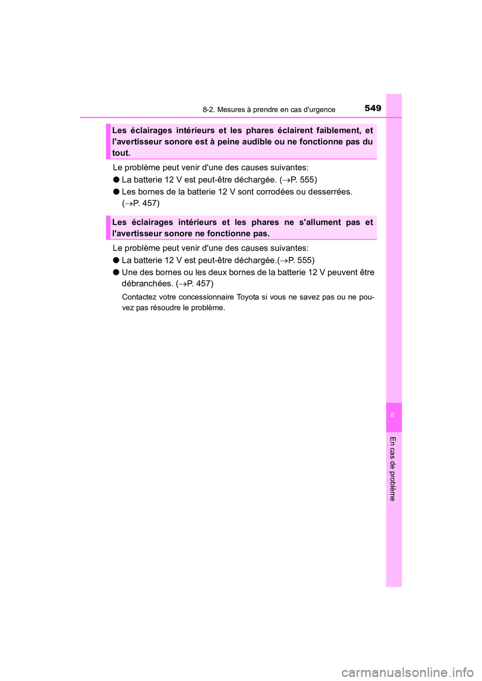 TOYOTA PRIUS C 2016 Manuel du propriétaire (in French) 5498-2. Mesures à prendre en cas durgence
8
En cas de problème
PRIUS c_D (OM52F96D)
Le problème peut venir dune des causes suivantes:
●La batterie 12 V est peut-être déchargée. ( →P. 555)
TOYOTA PRIUS C 2016 Manuel du propriétaire (in French) 5498-2. Mesures à prendre en cas durgence
8
En cas de problème
PRIUS c_D (OM52F96D)
Le problème peut venir dune des causes suivantes:
●La batterie 12 V est peut-être déchargée. ( →P. 555)