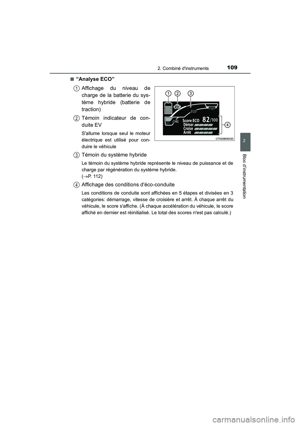 TOYOTA PRIUS C 2015 Manuel du propriétaire (in French) 1092. Combiné dinstruments
2
Bloc d’instrumentation
PRIUS c_D (OM52F72D)■
“Analyse ECO”
Affichage du niveau de
charge de la batterie du sys-
tème hybride (batterie de
traction)
Témoin indi TOYOTA PRIUS C 2015 Manuel du propriétaire (in French) 1092. Combiné dinstruments
2
Bloc d’instrumentation
PRIUS c_D (OM52F72D)■
“Analyse ECO”
Affichage du niveau de
charge de la batterie du sys-
tème hybride (batterie de
traction)
Témoin indi