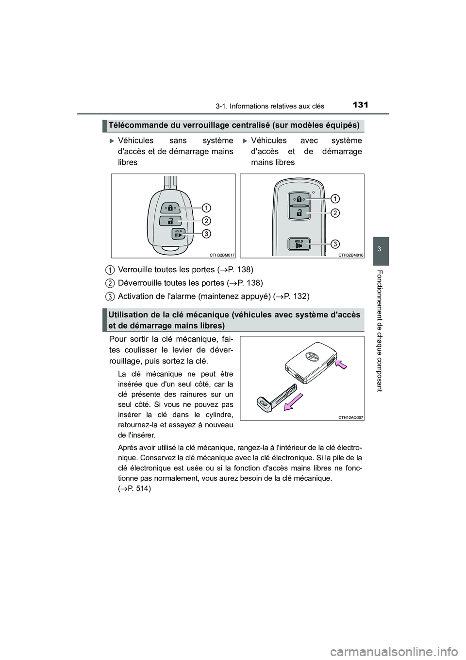 TOYOTA PRIUS C 2015  Manuel du propriétaire (in French) 1313-1. Informations relatives aux clés
3
Fonctionnement de chaque composant
PRIUS c_D (OM52F72D)
Verrouille toutes les portes (→P. 138)
Déverrouille toutes les portes ( →P. 138)
Activation de l