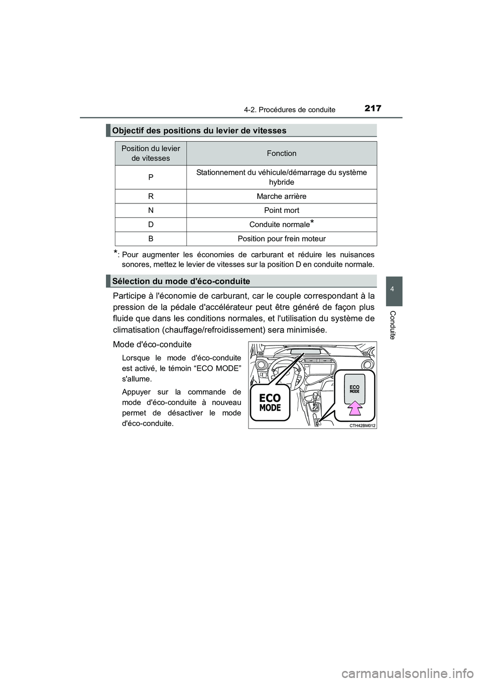 TOYOTA PRIUS C 2015 Manuel du propriétaire (in French) 2174-2. Procédures de conduite
4
Conduite
PRIUS c_D (OM52F72D)
*: Pour augmenter les économies de carburant et réduire les nuisancessonores, mettez le levier de vitesses sur la position D en condui TOYOTA PRIUS C 2015 Manuel du propriétaire (in French) 2174-2. Procédures de conduite
4
Conduite
PRIUS c_D (OM52F72D)
*: Pour augmenter les économies de carburant et réduire les nuisancessonores, mettez le levier de vitesses sur la position D en condui