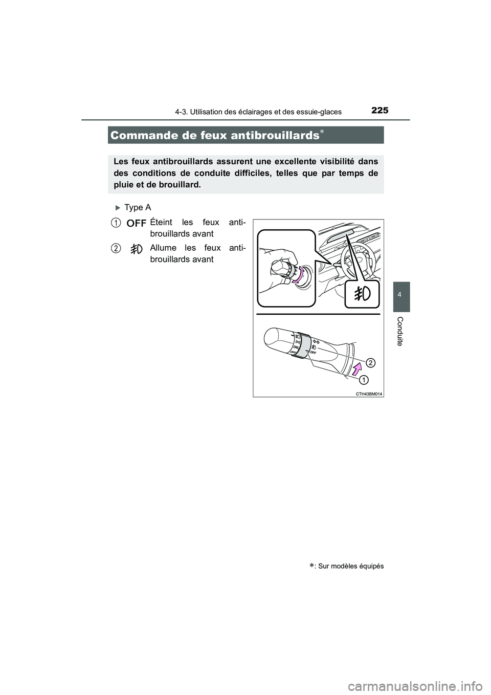 TOYOTA PRIUS C 2015  Manuel du propriétaire (in French) 2254-3. Utilisation des éclairages et des essuie-glaces
4
Conduite
PRIUS c_D (OM52F72D)
�XType AÉteint les feux anti-
brouillards avant
Allume les feux anti-
brouillards avant
Commande de feux antib