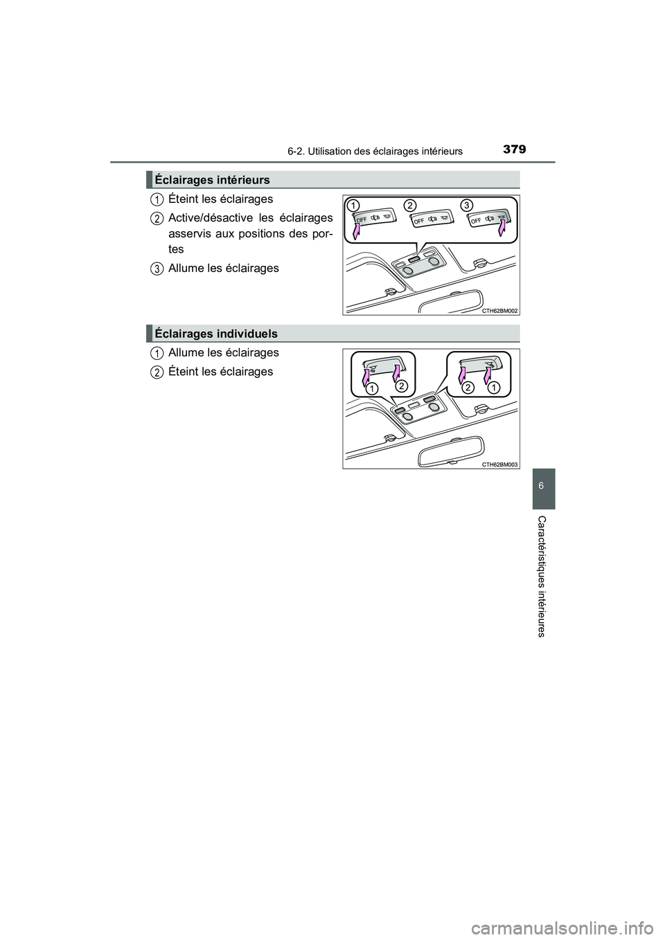 TOYOTA PRIUS C 2015  Manuel du propriétaire (in French) 3796-2. Utilisation des éclairages intérieurs
6
Caractéristiques intérieures
PRIUS c_D (OM52F72D)
Éteint les éclairages
Active/désactive les éclairages
asservis aux positions des por-
tes
Allu