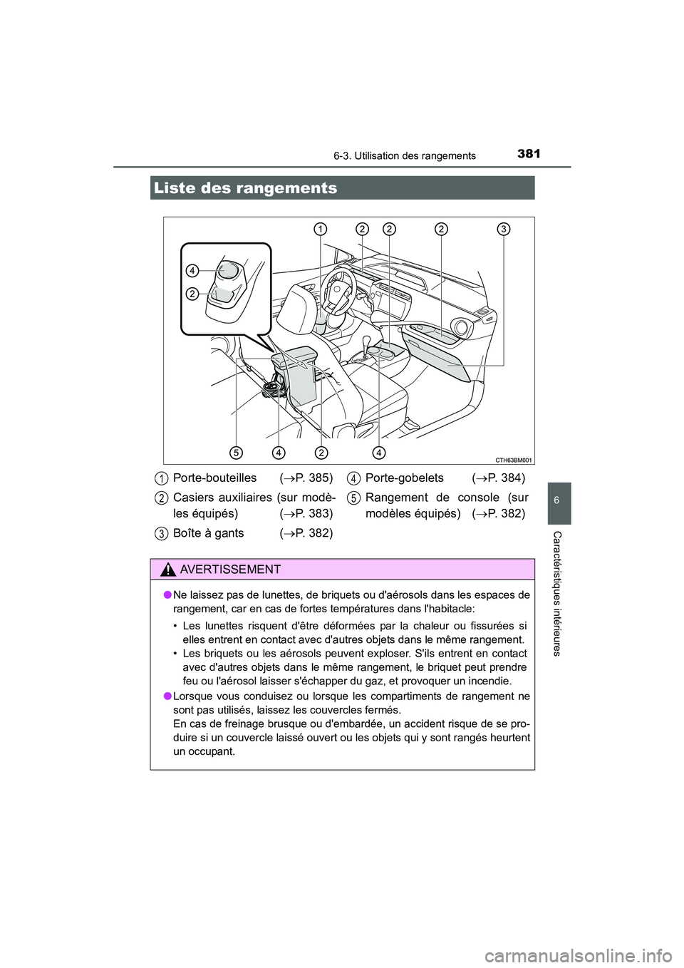 TOYOTA PRIUS C 2015  Manuel du propriétaire (in French) 381
6
Caractéristiques intérieures
PRIUS c_D (OM52F72D)
6-3. Utilisation des rangements
Liste des rangements
Porte-bouteilles (→P. 385)
Casiers auxiliaires (sur modè-
les équipés) ( →P. 383)
