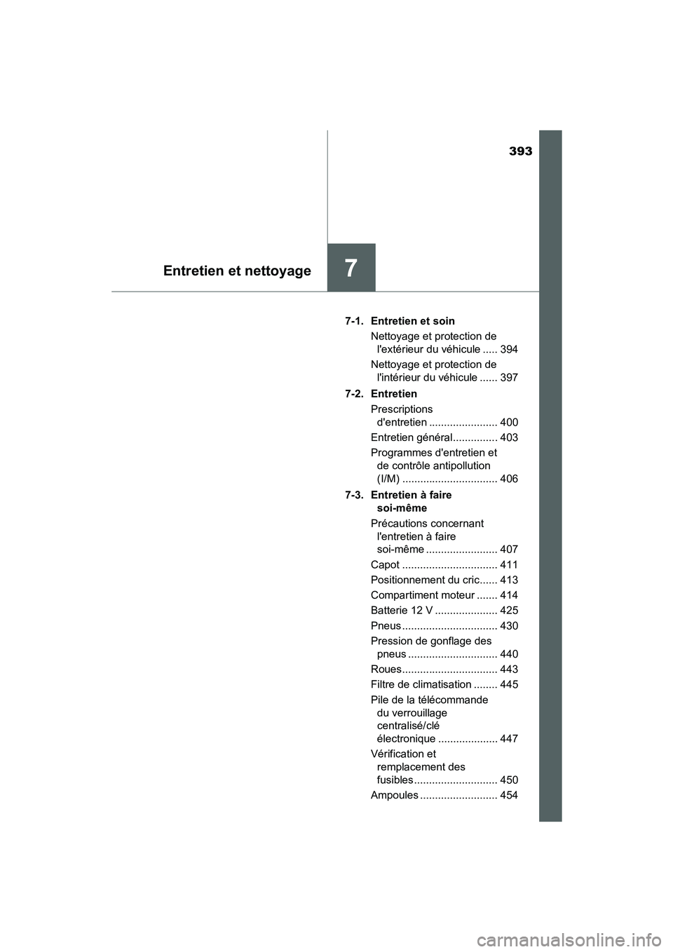 TOYOTA PRIUS C 2015  Manuel du propriétaire (in French) 393
7Entretien et nettoyage
PRIUS c_D (OM52F72D)7-1. Entretien et soin
Nettoyage et protection de lextérieur du véhicule ..... 394
Nettoyage et protection de  lintérieur du véhicule ...... 397
7