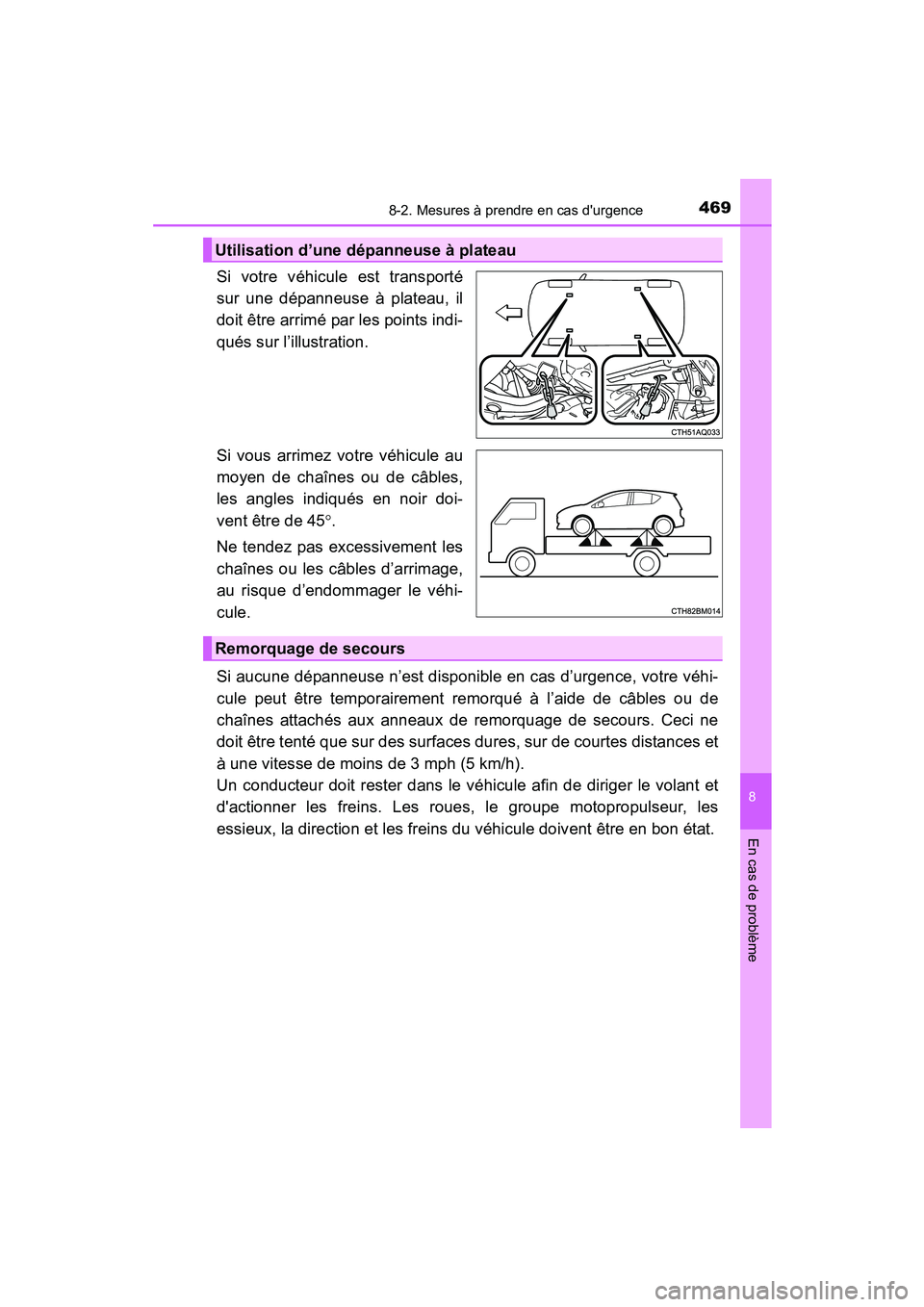 TOYOTA PRIUS C 2015  Manuel du propriétaire (in French) 4698-2. Mesures à prendre en cas durgence
8
En cas de problème
PRIUS c_D (OM52F72D)
Si votre véhicule est transporté
sur une dépanneuse à plateau, il
doit être arrimé par les points indi-
qu