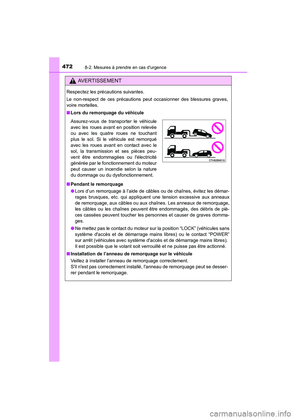 TOYOTA PRIUS C 2015  Manuel du propriétaire (in French) 4728-2. Mesures à prendre en cas durgence
PRIUS c_D (OM52F72D)
AVERTISSEMENT
Respectez les précautions suivantes.
Le non-respect de ces précautions peut occasionner des blessures graves,
voire mor