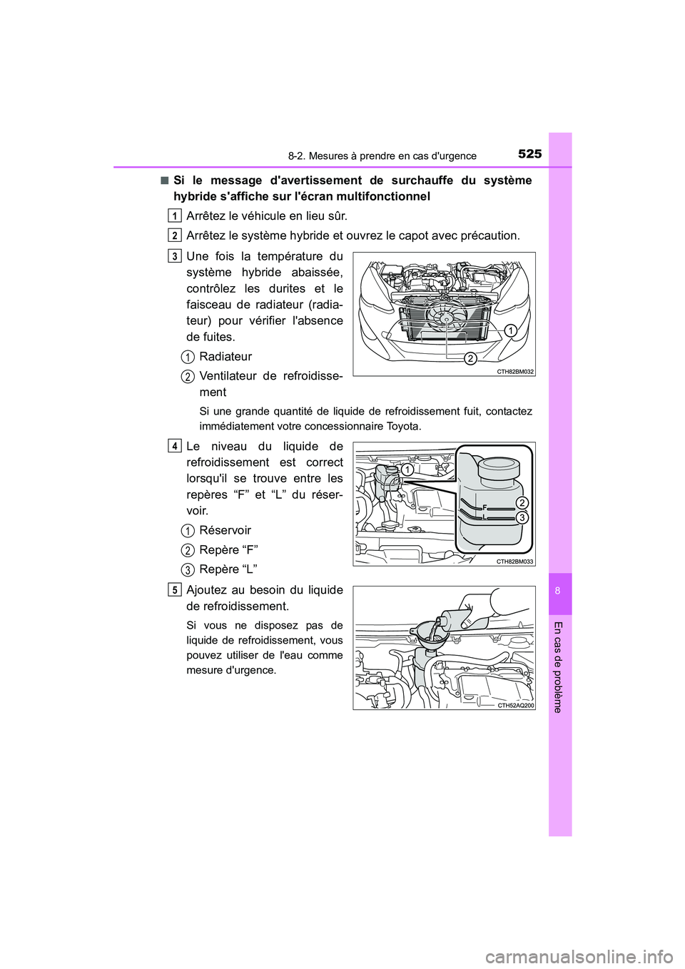 TOYOTA PRIUS C 2015 Manuel du propriétaire (in French) 5258-2. Mesures à prendre en cas durgence
8
En cas de problème
PRIUS c_D (OM52F72D)■
Si le message davertissement de surchauffe du système
hybride saffiche sur lécran multifonctionnel
Arrêt TOYOTA PRIUS C 2015 Manuel du propriétaire (in French) 5258-2. Mesures à prendre en cas durgence
8
En cas de problème
PRIUS c_D (OM52F72D)■
Si le message davertissement de surchauffe du système
hybride saffiche sur lécran multifonctionnel
Arrêt
