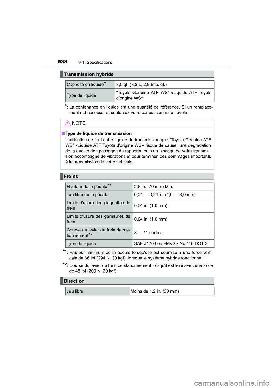 TOYOTA PRIUS C 2015 Manuel du propriétaire (in French) 5389-1. Spécifications
PRIUS c_D (OM52F72D)
*: La contenance en liquide est une quantité de référence. Si un remplace-ment est nécessaire, contactez votre concessionnaire Toyota.
*1: Hauteur mini TOYOTA PRIUS C 2015 Manuel du propriétaire (in French) 5389-1. Spécifications
PRIUS c_D (OM52F72D)
*: La contenance en liquide est une quantité de référence. Si un remplace-ment est nécessaire, contactez votre concessionnaire Toyota.
*1: Hauteur mini