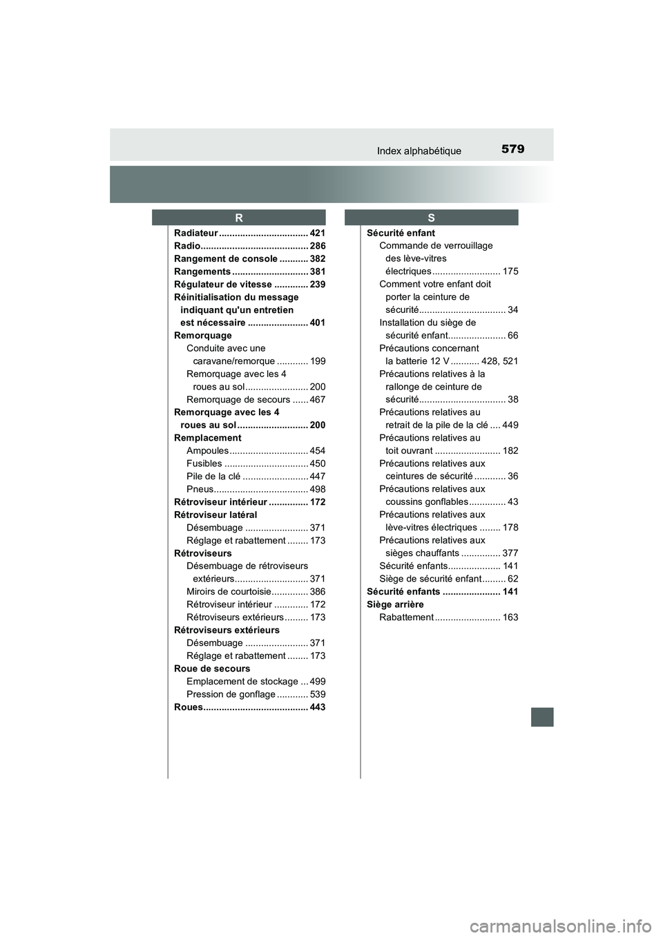 TOYOTA PRIUS C 2015 Manuel du propriétaire (in French) 579Index alphabétique
PRIUS c_D (OM52F72D)
Radiateur .................................. 421
Radio......................................... 286
Rangement de console ........... 382
Rangements ........ TOYOTA PRIUS C 2015 Manuel du propriétaire (in French) 579Index alphabétique
PRIUS c_D (OM52F72D)
Radiateur .................................. 421
Radio......................................... 286
Rangement de console ........... 382
Rangements ........