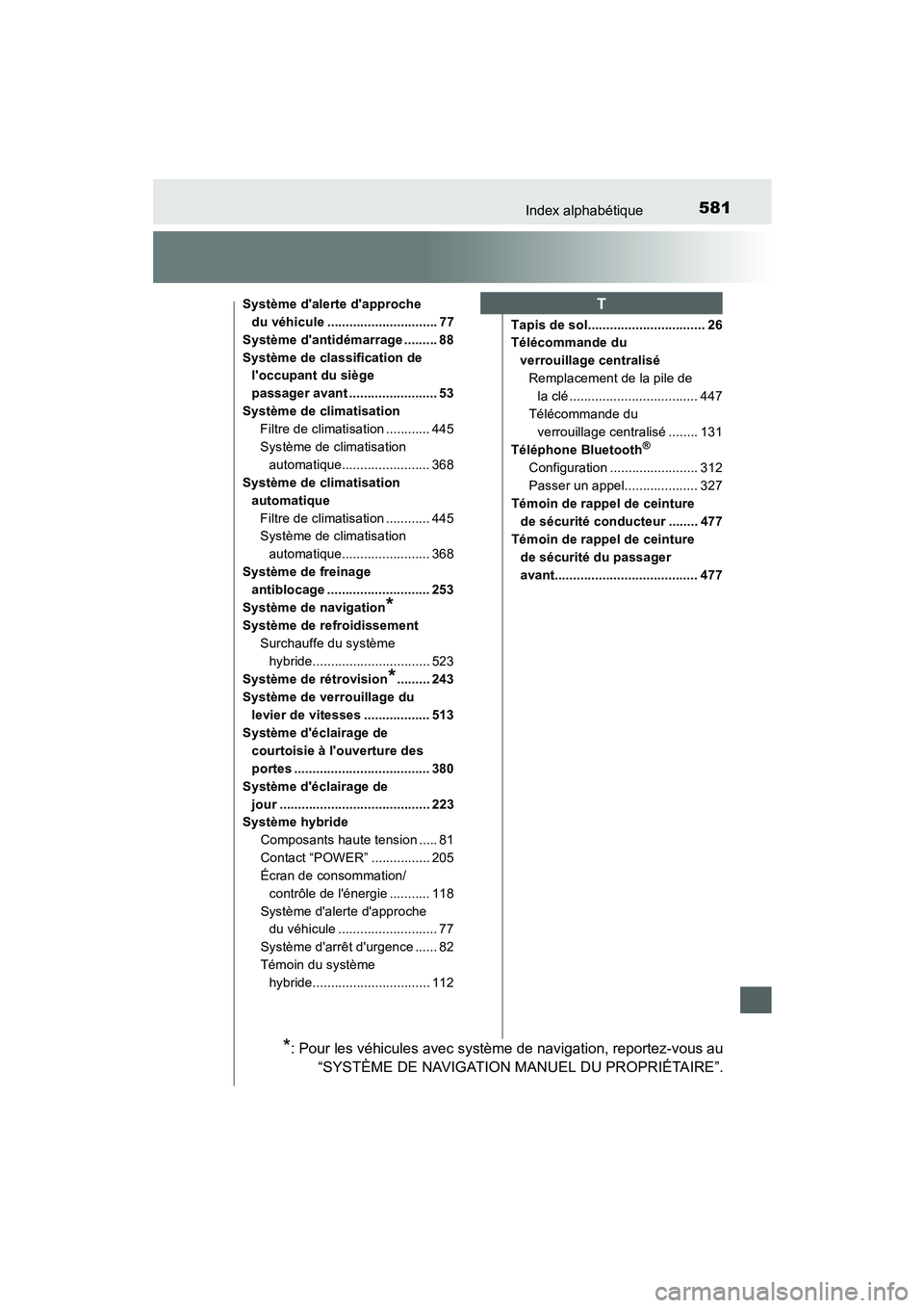 TOYOTA PRIUS C 2015  Manuel du propriétaire (in French) 581Index alphabétique
PRIUS c_D (OM52F72D)
Système dalerte dapproche du véhicule .............................. 77
Système dantidémarrage ......... 88
Système de classification de  loccupant