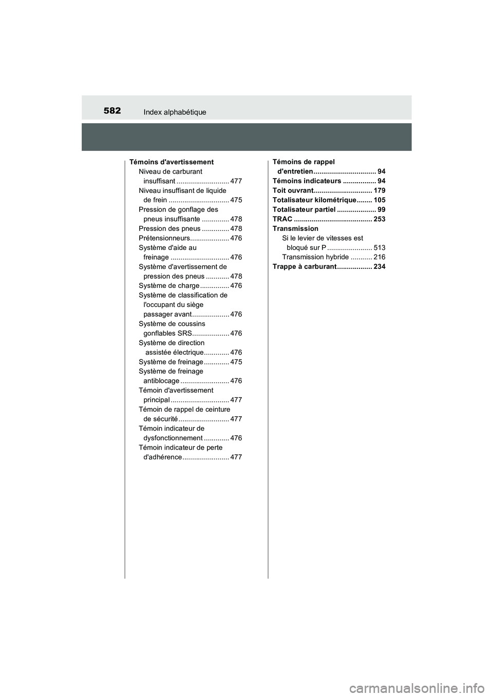 TOYOTA PRIUS C 2015 Manuel du propriétaire (in French) 582Index alphabétique
PRIUS c_D (OM52F72D)
Témoins davertissementNiveau de carburant insuffisant ........................... 477
Niveau insuffisant de liquide de frein ............................ TOYOTA PRIUS C 2015 Manuel du propriétaire (in French) 582Index alphabétique
PRIUS c_D (OM52F72D)
Témoins davertissementNiveau de carburant insuffisant ........................... 477
Niveau insuffisant de liquide de frein ............................