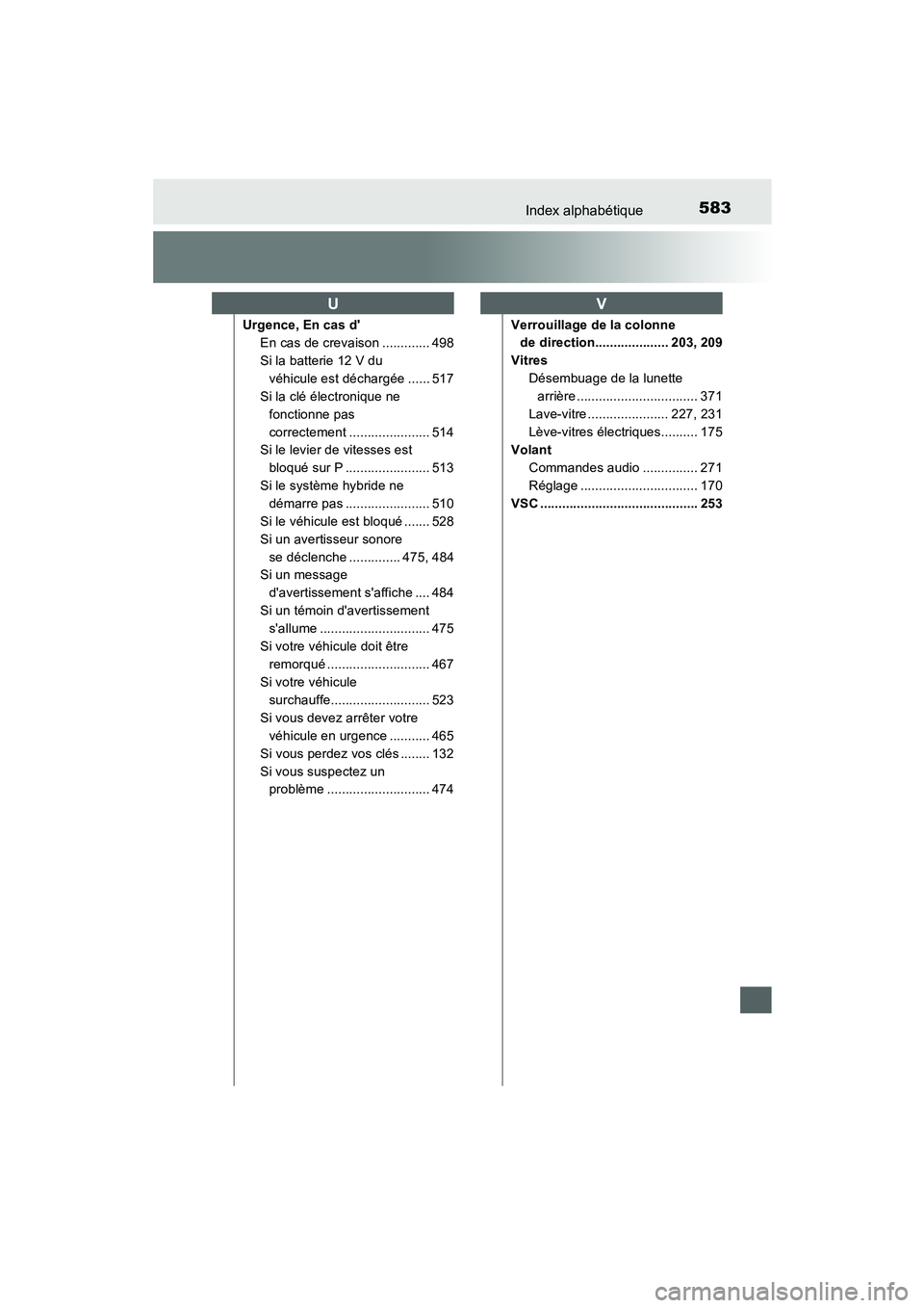 TOYOTA PRIUS C 2015 Manuel du propriétaire (in French) 583Index alphabétique
PRIUS c_D (OM52F72D)
Urgence, En cas dEn cas de crevaison ............. 498
Si la batterie 12 V du
véhicule est déchargée ...... 517
Si la clé électronique ne fonctionne TOYOTA PRIUS C 2015 Manuel du propriétaire (in French) 583Index alphabétique
PRIUS c_D (OM52F72D)
Urgence, En cas dEn cas de crevaison ............. 498
Si la batterie 12 V du
véhicule est déchargée ...... 517
Si la clé électronique ne fonctionne