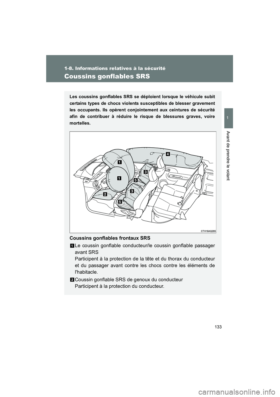 TOYOTA PRIUS C 2014 Manuel du propriétaire (in French) 133
1
1-8. Informations relatives à la sécurité
Avant de prendre le volant
PRIUS_C D
Coussins gonflables SRS
Les coussins gonflables SRS se déploient lorsque le véhicule subit
certains types de c TOYOTA PRIUS C 2014 Manuel du propriétaire (in French) 133
1
1-8. Informations relatives à la sécurité
Avant de prendre le volant
PRIUS_C D
Coussins gonflables SRS
Les coussins gonflables SRS se déploient lorsque le véhicule subit
certains types de c