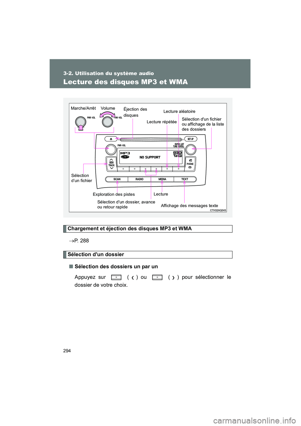 TOYOTA PRIUS C 2014 Manuel du propriétaire (in French) 294
3-2. Utilisation du système audio
PRIUS_C D
Lecture des disques MP3 et WMA
Chargement et éjection des disques MP3 et WMA→ P. 2 8 8
Sélection dun dossier
■ Sélection des dossiers un par u TOYOTA PRIUS C 2014 Manuel du propriétaire (in French) 294
3-2. Utilisation du système audio
PRIUS_C D
Lecture des disques MP3 et WMA
Chargement et éjection des disques MP3 et WMA→ P. 2 8 8
Sélection dun dossier
■ Sélection des dossiers un par u