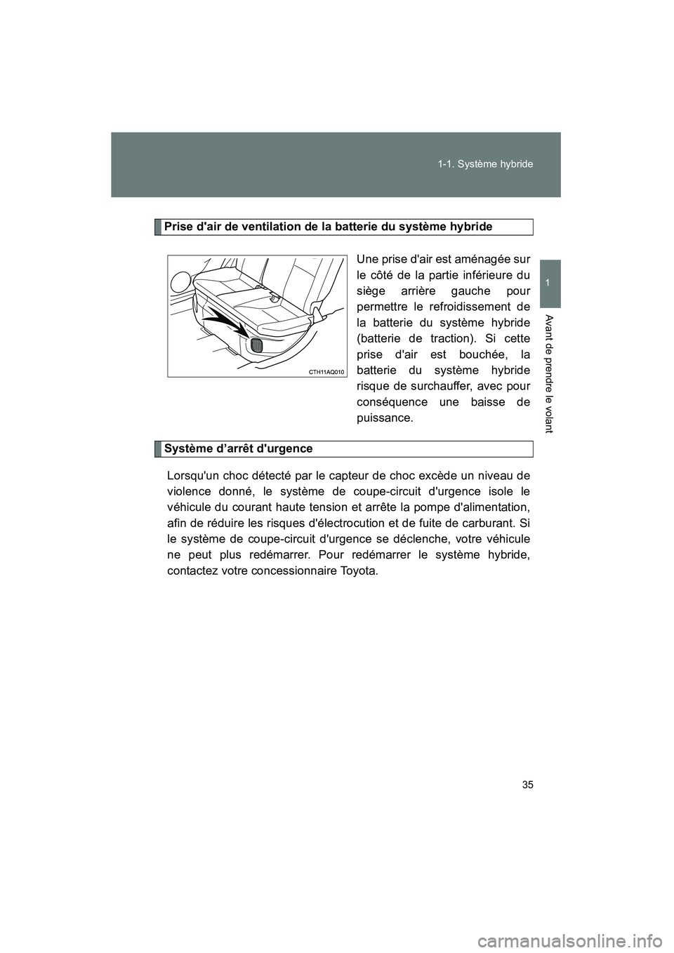 TOYOTA PRIUS C 2014 Manuel du propriétaire (in French) 35
1-1. Système hybride
1
Avant de prendre le volant
PRIUS_C D
Prise dair de ventilation de la batterie du système hybride
Une prise dair est aménagée sur
le côté de la partie inférieure du
s TOYOTA PRIUS C 2014 Manuel du propriétaire (in French) 35
1-1. Système hybride
1
Avant de prendre le volant
PRIUS_C D
Prise dair de ventilation de la batterie du système hybride
Une prise dair est aménagée sur
le côté de la partie inférieure du
s