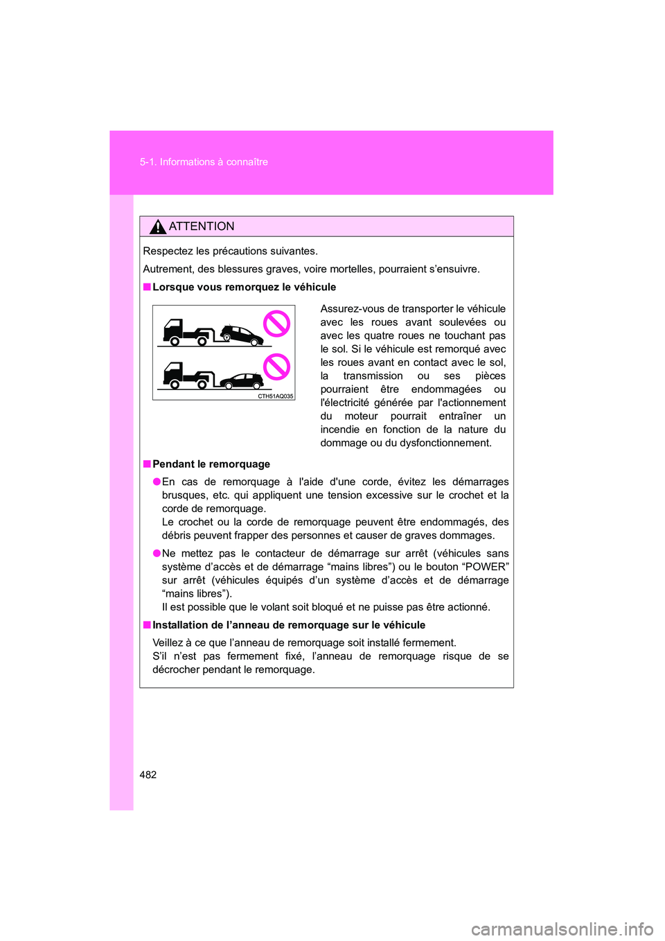 TOYOTA PRIUS C 2014 Manuel du propriétaire (in French) 482 5-1. Informations à connaître
PRIUS_C D
AT T E N T I O N
Respectez les précautions suivantes.
Autrement, des blessures graves, voire mortelles, pourraient s’ensuivre.
■Lorsque vous remorque TOYOTA PRIUS C 2014 Manuel du propriétaire (in French) 482 5-1. Informations à connaître
PRIUS_C D
AT T E N T I O N
Respectez les précautions suivantes.
Autrement, des blessures graves, voire mortelles, pourraient s’ensuivre.
■Lorsque vous remorque