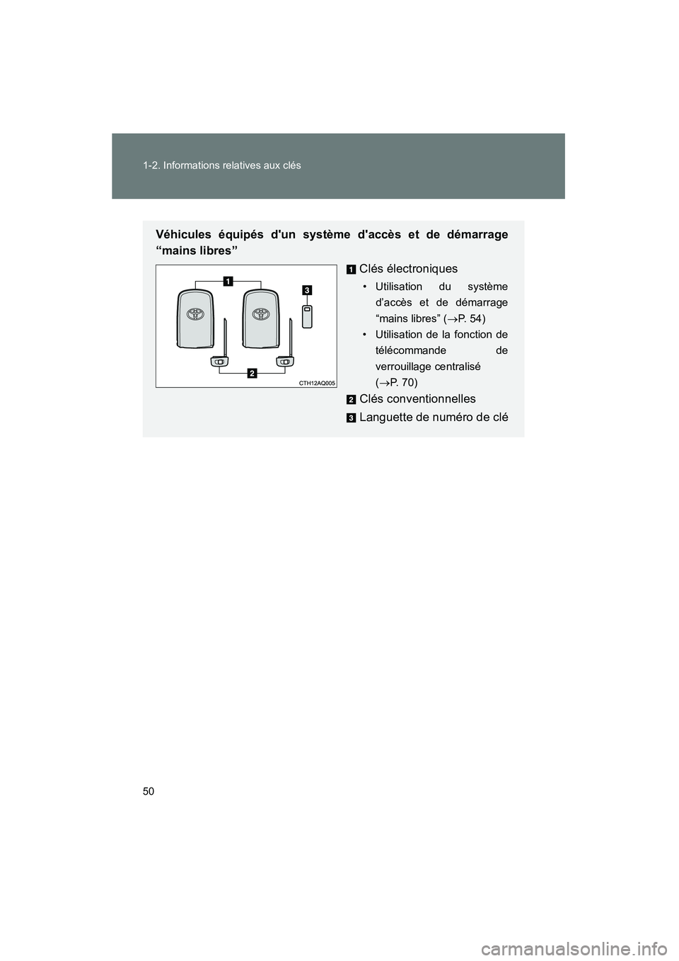 TOYOTA PRIUS C 2014 Manuel du propriétaire (in French) 50 1-2. Informations relatives aux clés
PRIUS_C D
Véhicules équipés dun système daccès et de démarrage
“mains libres”Clés électroniques
• Utilisation du systèmed’accès et de déma TOYOTA PRIUS C 2014 Manuel du propriétaire (in French) 50 1-2. Informations relatives aux clés
PRIUS_C D
Véhicules équipés dun système daccès et de démarrage
“mains libres”Clés électroniques
• Utilisation du systèmed’accès et de déma