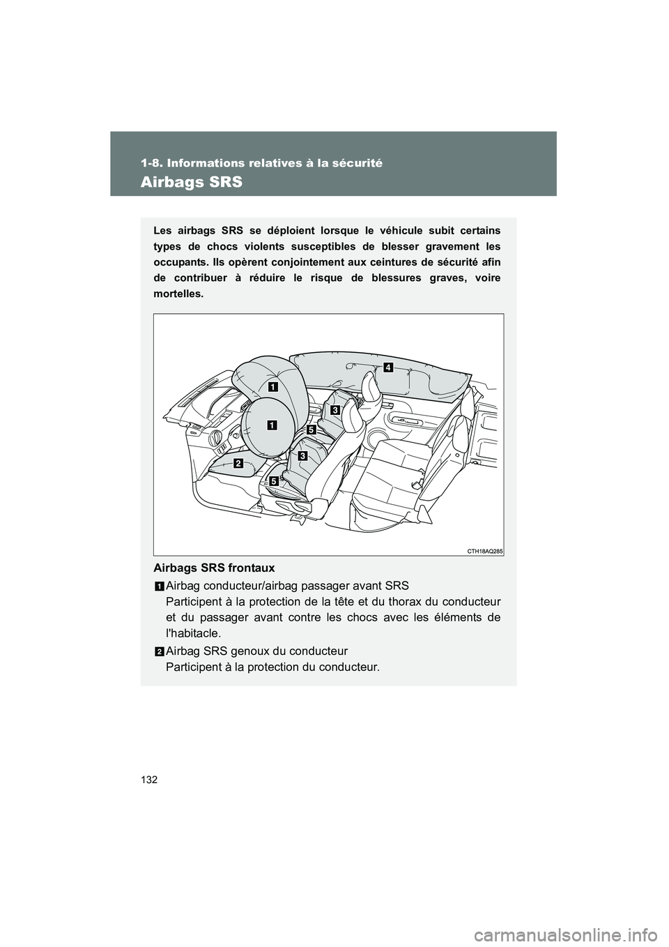 TOYOTA PRIUS C 2012 Manuel du propriétaire (in French) 132
1-8. Informations relatives à la sécurité
PRIUS_C D
Airbags SRS
Les airbags SRS se déploient lorsque le véhicule subit certains
types de chocs violents susceptibles de blesser gravement les
o TOYOTA PRIUS C 2012 Manuel du propriétaire (in French) 132
1-8. Informations relatives à la sécurité
PRIUS_C D
Airbags SRS
Les airbags SRS se déploient lorsque le véhicule subit certains
types de chocs violents susceptibles de blesser gravement les
o