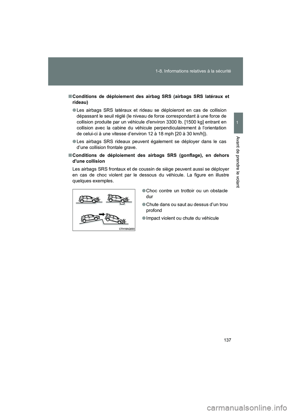 TOYOTA PRIUS C 2012 Manuel du propriétaire (in French) 137
1-8. Informations relatives à la sécurité
1
Avant de prendre le volant
PRIUS_C D
■
Conditions de déploiement des airbag SRS (airbags SRS latéraux et
rideau)
● Les airbags SRS latéraux et TOYOTA PRIUS C 2012 Manuel du propriétaire (in French) 137
1-8. Informations relatives à la sécurité
1
Avant de prendre le volant
PRIUS_C D
■
Conditions de déploiement des airbag SRS (airbags SRS latéraux et
rideau)
● Les airbags SRS latéraux et