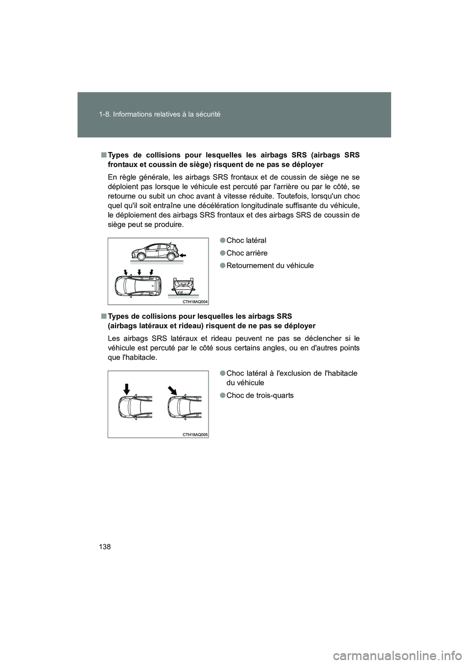 TOYOTA PRIUS C 2012 Manuel du propriétaire (in French) 138 1-8. Informations relatives à la sécurité
PRIUS_C D
■Types de collisions pour lesquelles les airbags SRS (airbags SRS
frontaux et coussin de siège) risquent de ne pas se déployer
En règle TOYOTA PRIUS C 2012 Manuel du propriétaire (in French) 138 1-8. Informations relatives à la sécurité
PRIUS_C D
■Types de collisions pour lesquelles les airbags SRS (airbags SRS
frontaux et coussin de siège) risquent de ne pas se déployer
En règle