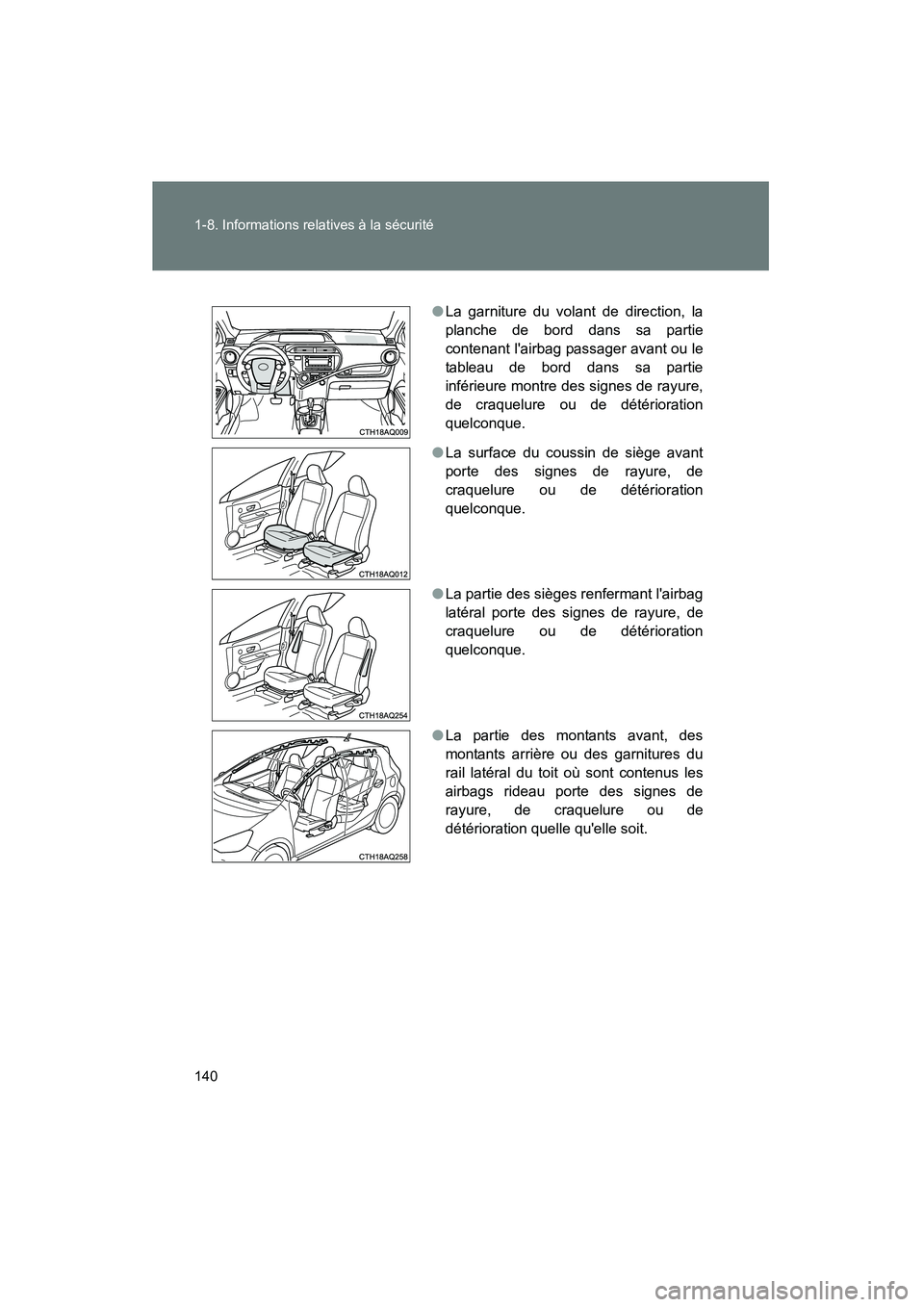 TOYOTA PRIUS C 2012 Manuel du propriétaire (in French) 140 1-8. Informations relatives à la sécurité
PRIUS_C D
●La garniture du volant de direction, la
planche de bord dans sa partie
contenant lairbag passager avant ou le
tableau de bord dans sa par TOYOTA PRIUS C 2012 Manuel du propriétaire (in French) 140 1-8. Informations relatives à la sécurité
PRIUS_C D
●La garniture du volant de direction, la
planche de bord dans sa partie
contenant lairbag passager avant ou le
tableau de bord dans sa par