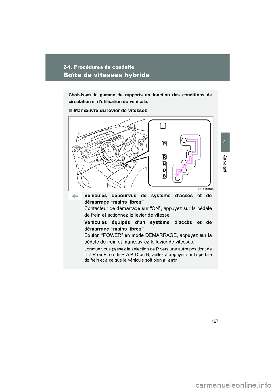 TOYOTA PRIUS C 2012 Manuel du propriétaire (in French) 197
2-1. Procédures de conduite
2
Au volant
PRIUS_C D
Boîte de vitesses hybride
Choisissez la gamme de rapports en fonction des conditions de
circulation et dutilisation du véhicule.
■Manœuvre TOYOTA PRIUS C 2012 Manuel du propriétaire (in French) 197
2-1. Procédures de conduite
2
Au volant
PRIUS_C D
Boîte de vitesses hybride
Choisissez la gamme de rapports en fonction des conditions de
circulation et dutilisation du véhicule.
■Manœuvre