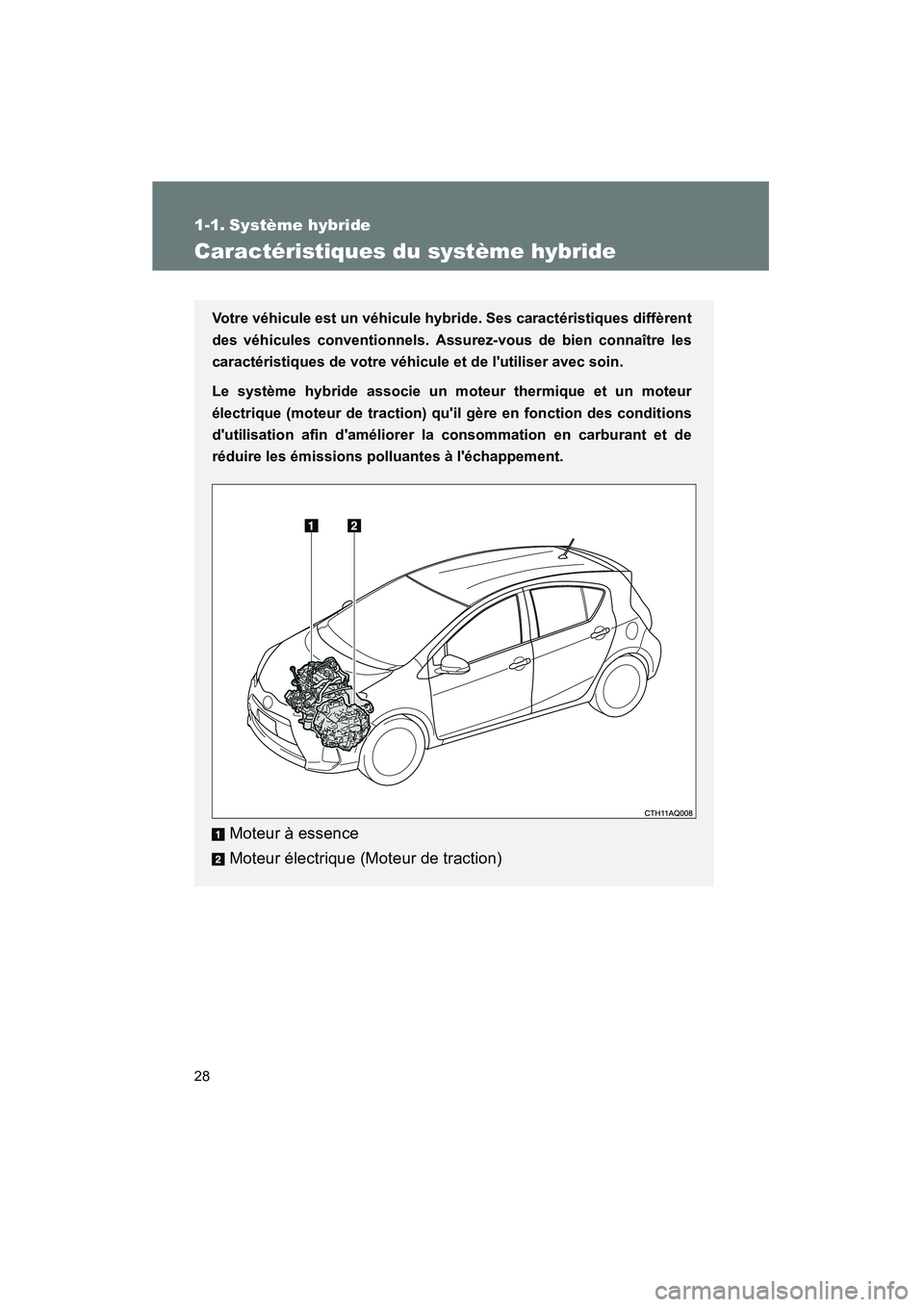 TOYOTA PRIUS C 2012 Manuel du propriétaire (in French) 28
PRIUS_C D
1-1. Système hybride
Caractéristiques du système hybride
Votre véhicule est un véhicule hybride. Ses caractéristiques diffèrent
des véhicules conventionnels. Assurez-vous de bien TOYOTA PRIUS C 2012 Manuel du propriétaire (in French) 28
PRIUS_C D
1-1. Système hybride
Caractéristiques du système hybride
Votre véhicule est un véhicule hybride. Ses caractéristiques diffèrent
des véhicules conventionnels. Assurez-vous de bien