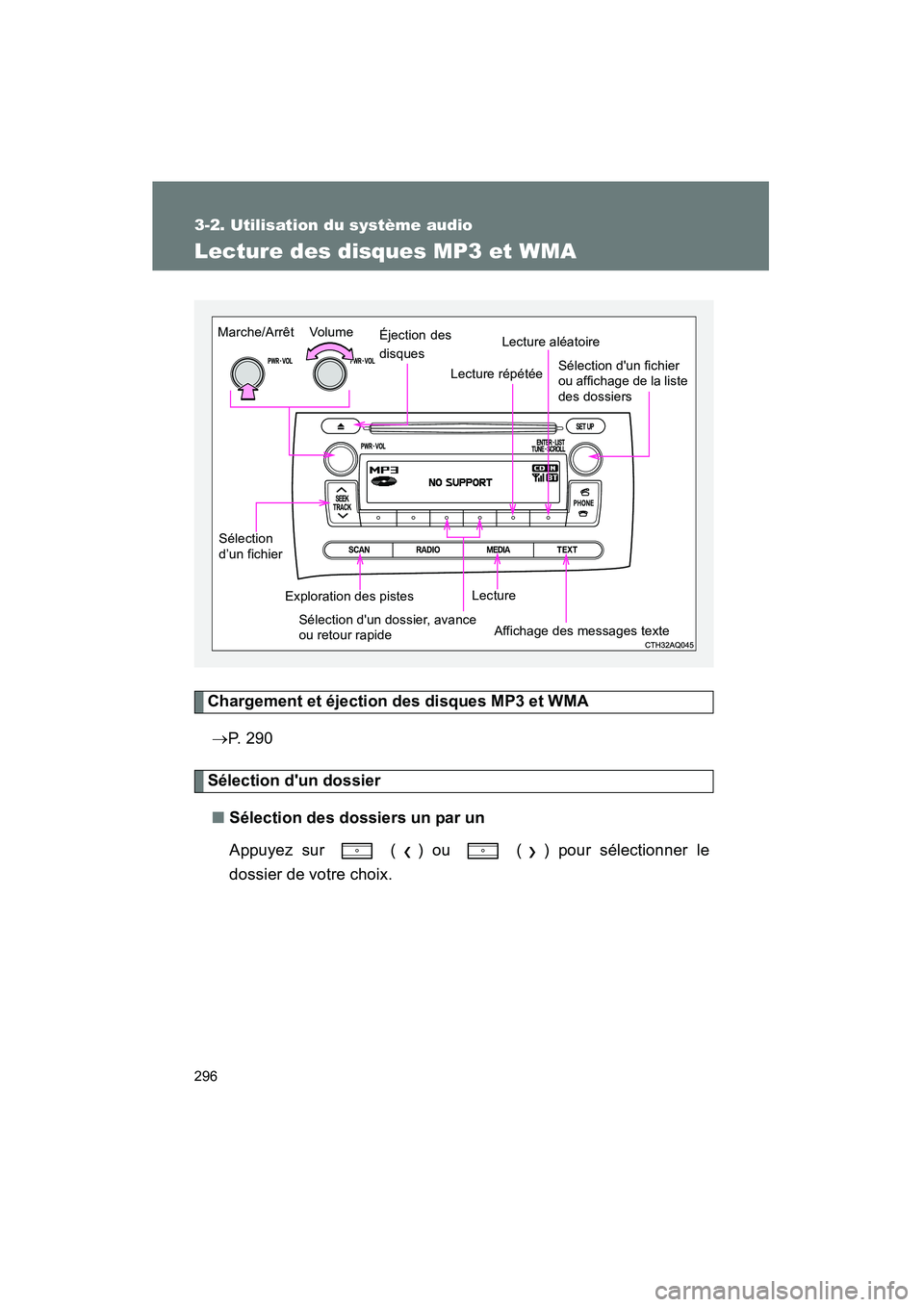 TOYOTA PRIUS C 2012 Manuel du propriétaire (in French) 296
3-2. Utilisation du système audio
PRIUS_C D
Lecture des disques MP3 et WMA
Chargement et éjection des disques MP3 et WMA→ P. 2 9 0
Sélection dun dossier
■ Sélection des dossiers un par u TOYOTA PRIUS C 2012 Manuel du propriétaire (in French) 296
3-2. Utilisation du système audio
PRIUS_C D
Lecture des disques MP3 et WMA
Chargement et éjection des disques MP3 et WMA→ P. 2 9 0
Sélection dun dossier
■ Sélection des dossiers un par u