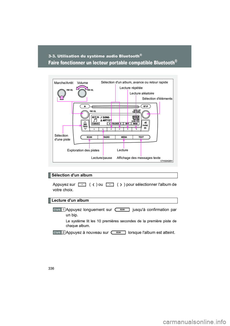 TOYOTA PRIUS C 2012 Manuel du propriétaire (in French) 336
3-3. Utilisation du système audio Bluetooth®
PRIUS_C D
Faire fonctionner un lecteur portable compatible Bluetooth®
Sélection dun albumAppuyez sur ( ) ou ( ) pour sélectionner lalbum de
TOYOTA PRIUS C 2012 Manuel du propriétaire (in French) 336
3-3. Utilisation du système audio Bluetooth®
PRIUS_C D
Faire fonctionner un lecteur portable compatible Bluetooth®
Sélection dun albumAppuyez sur ( ) ou ( ) pour sélectionner lalbum de