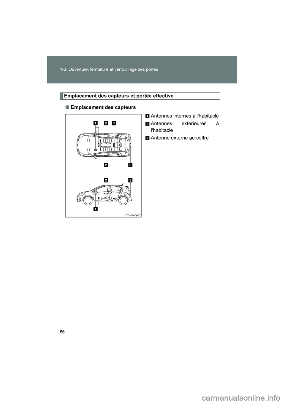 TOYOTA PRIUS C 2012 Manuel du propriétaire (in French) 56 1-3. Ouverture, fermeture et verrouillage des portes
PRIUS_C D
Emplacement des capteurs et portée effective■ Emplacement des capteurs
Antennes internes à lhabitacle
Antennes extérieures à
l TOYOTA PRIUS C 2012 Manuel du propriétaire (in French) 56 1-3. Ouverture, fermeture et verrouillage des portes
PRIUS_C D
Emplacement des capteurs et portée effective■ Emplacement des capteurs
Antennes internes à lhabitacle
Antennes extérieures à
l