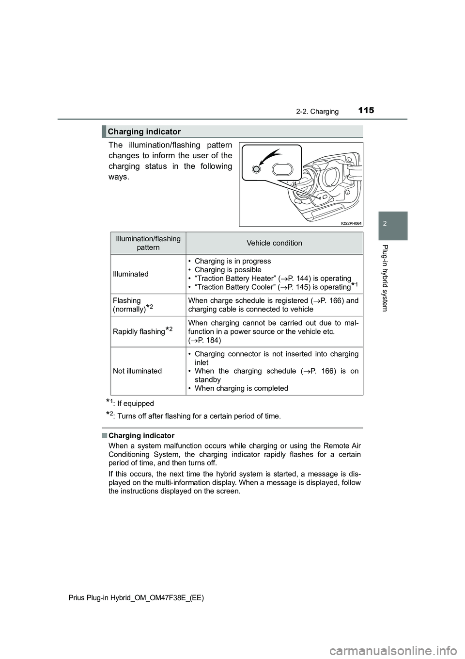 TOYOTA PRIUS PLUG-IN HYBRID 2023  Owners Manual 1152-2. Charging
2
Plug-in hybrid system
Prius Plug-in Hybrid_OM_OM47F38E_(EE)
The illumination/flashing pattern
changes to inform the user of the
charging status in the following
ways.
*1: If equippe