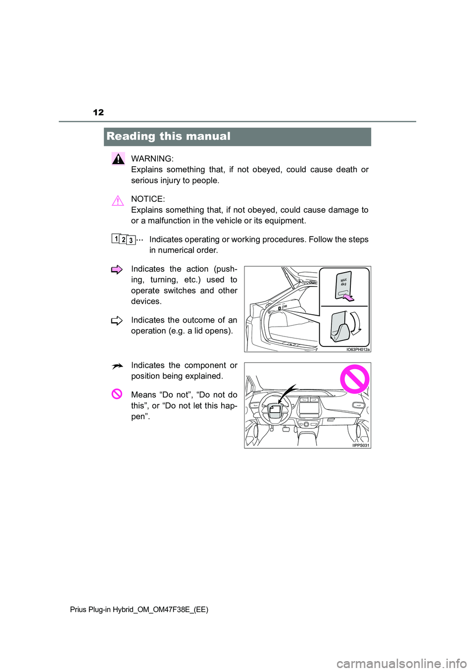TOYOTA PRIUS PLUG-IN HYBRID 2023  Owners Manual 12
Prius Plug-in Hybrid_OM_OM47F38E_(EE)
Reading this manual
WARNING:  
Explains something that, if not obeyed, could cause death or 
serious injury to people. 
NOTICE:  
Explains something that, if n