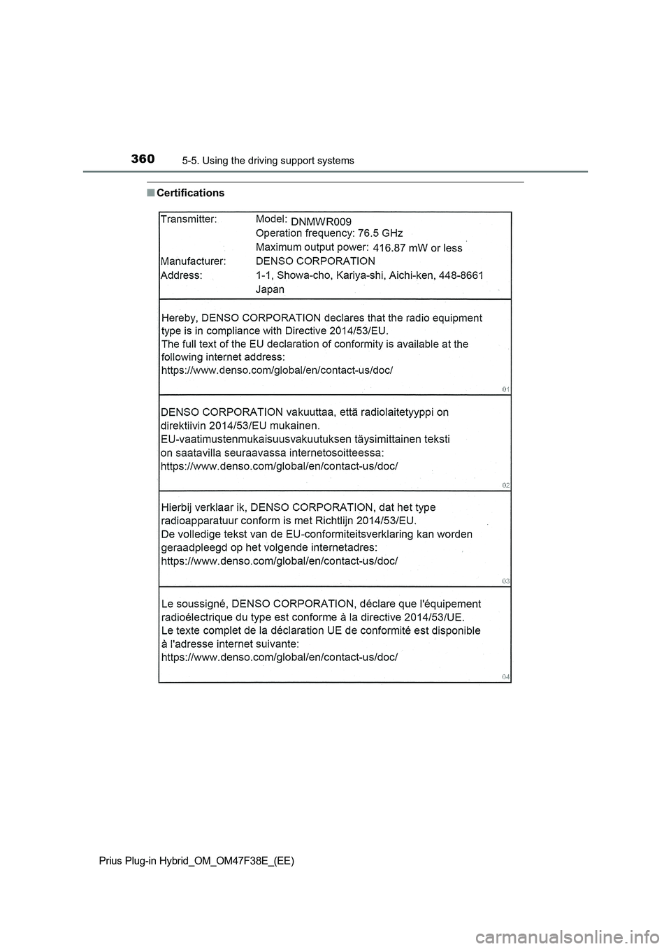 TOYOTA PRIUS PLUG-IN HYBRID 2023  Owners Manual 3605-5. Using the driving support systems
Prius Plug-in Hybrid_OM_OM47F38E_(EE)
■Certifications 