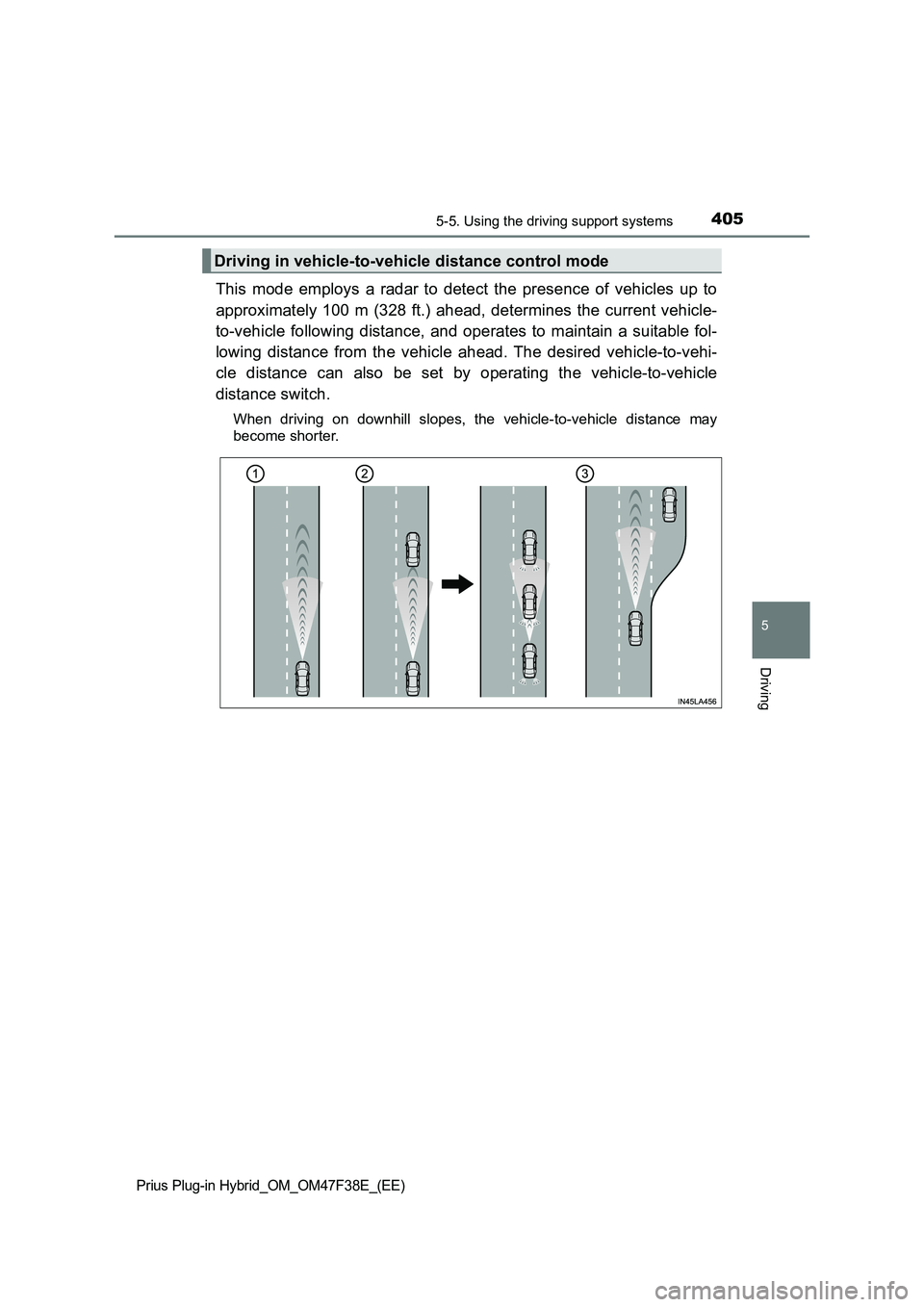TOYOTA PRIUS PLUG-IN HYBRID 2023  Owners Manual 4055-5. Using the driving support systems
Prius Plug-in Hybrid_OM_OM47F38E_(EE)
5
Driving
This mode employs a radar to detect the presence of vehicles up to 
approximately 100 m (328 ft.) ahead, deter
