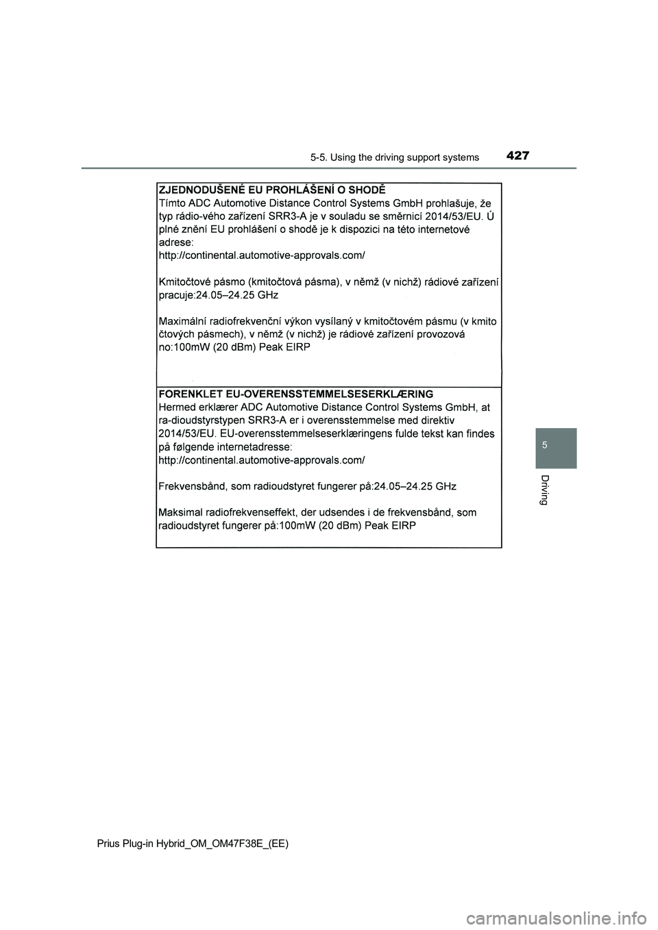 TOYOTA PRIUS PLUG-IN HYBRID 2023  Owners Manual 4275-5. Using the driving support systems
Prius Plug-in Hybrid_OM_OM47F38E_(EE)
5
Driving 