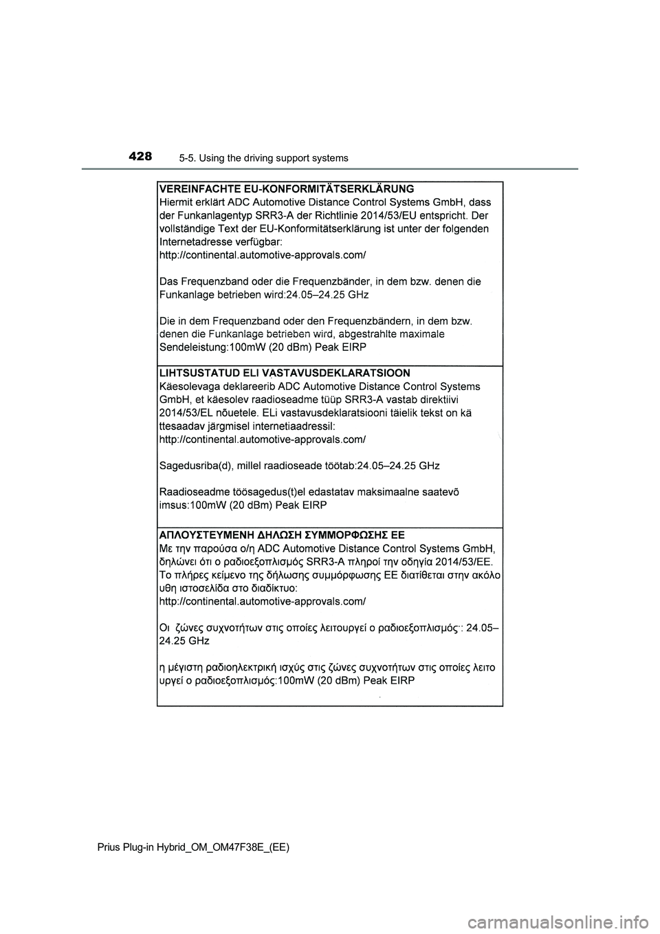 TOYOTA PRIUS PLUG-IN HYBRID 2023  Owners Manual 4285-5. Using the driving support systems
Prius Plug-in Hybrid_OM_OM47F38E_(EE) 
