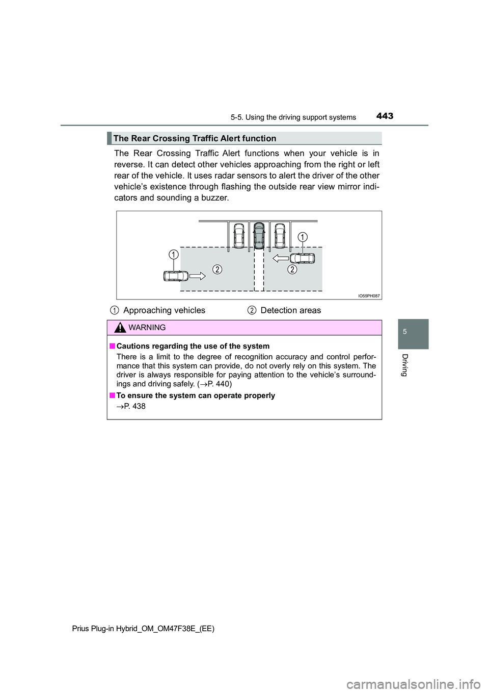 TOYOTA PRIUS PLUG-IN HYBRID 2023 Service Manual 4435-5. Using the driving support systems
Prius Plug-in Hybrid_OM_OM47F38E_(EE)
5
Driving
The Rear Crossing Traffic Alert functions when your vehicle is in
reverse. It can detect other vehicles appro TOYOTA PRIUS PLUG-IN HYBRID 2023 Service Manual 4435-5. Using the driving support systems
Prius Plug-in Hybrid_OM_OM47F38E_(EE)
5
Driving
The Rear Crossing Traffic Alert functions when your vehicle is in
reverse. It can detect other vehicles appro