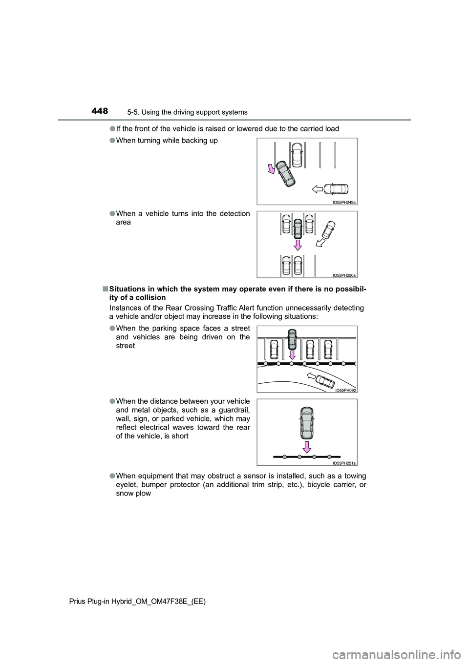 TOYOTA PRIUS PLUG-IN HYBRID 2023 Service Manual 4485-5. Using the driving support systems
Prius Plug-in Hybrid_OM_OM47F38E_(EE)
●If the front of the vehicle is raised or lowered due to the carried load
■ Situations in which the system may oper TOYOTA PRIUS PLUG-IN HYBRID 2023 Service Manual 4485-5. Using the driving support systems
Prius Plug-in Hybrid_OM_OM47F38E_(EE)
●If the front of the vehicle is raised or lowered due to the carried load
■ Situations in which the system may oper