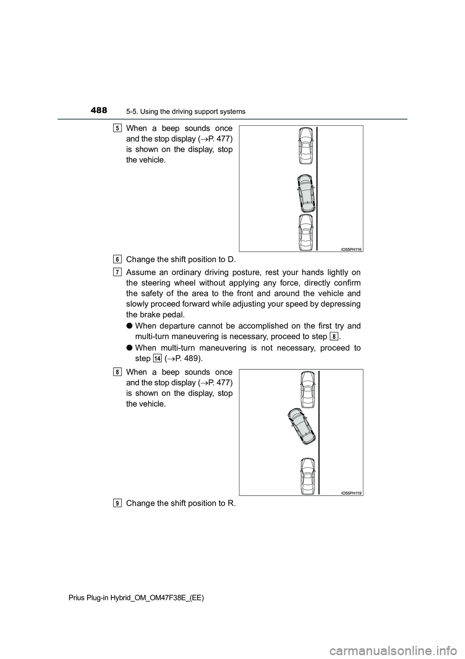 TOYOTA PRIUS PLUG-IN HYBRID 2023 Owners Manual 4885-5. Using the driving support systems
Prius Plug-in Hybrid_OM_OM47F38E_(EE)
When a beep sounds once
and the stop display ( P. 477)
is shown on the display, stop
the vehicle.
Change the shif TOYOTA PRIUS PLUG-IN HYBRID 2023 Owners Manual 4885-5. Using the driving support systems
Prius Plug-in Hybrid_OM_OM47F38E_(EE)
When a beep sounds once
and the stop display ( P. 477)
is shown on the display, stop
the vehicle.
Change the shif